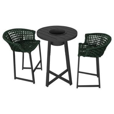 Imagem de Conjunto Bistrô Champanheira Tampo Ripado E 2 Banquetas Reis Corda Náutica Verde Musgo - Cor: Verde