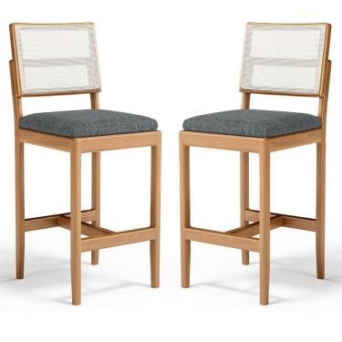 Imagem de Kit Com 2 Banqueta Milena Madeira Maciça Assento Estofado Encosto De Tela Sintética Linho Chumbo 406