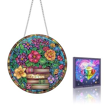 Imagem de VAIIEYO Enfeite para pendurar arte de diamante de livro, pintura de diamante de flores, kit de pendurar janela com corrente, pingente de cristal de 19 x 19 cm, artesanato para presente, decoração de