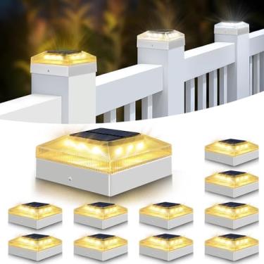 Imagem de vighep Luzes de poste solares 4 x 4 para ambientes externos – pacote com 12 postes de cerca com 3 modos de cor, luzes de deck à prova d'água alimentadas por energia solar para tampo de vinil/madeira