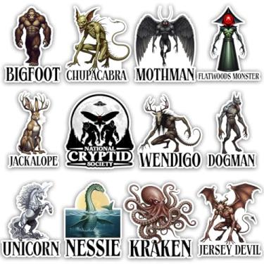 Imagem de TODOLIA Pacote de adesivos Cryptids (12 peças de 7,6 cm), adesivo de criptologia Bigfoot Sasquatch Mothman, presente de criptologia, decoração de monstro Jackalope Lochness para laptop, tablet