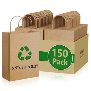 Imagem de MIEVU 150 sacos de presente de papel kraft com alças, sacos de compras marrons de 21 x 11 x 26 cm, sacolas de compras de tamanho pequeno a granel para varejo, mercadoria, festa, saco de artesanato