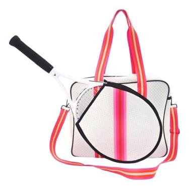 Imagem de Elegante bolsa de tênis de neoprene com alça de ombro, estampa de listras coloridas para mulheres, bolsa grande para raquete para roupas e itens esportivos