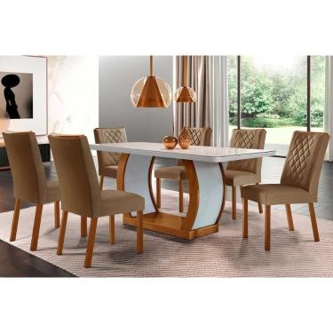 Imagem de Sala de Jantar Completa Jade Tampo Madeirado c/ Vidro Curvo 180x90 e 6 Cadeiras Jade Imbuia/Veludo Capuccino - Rufato