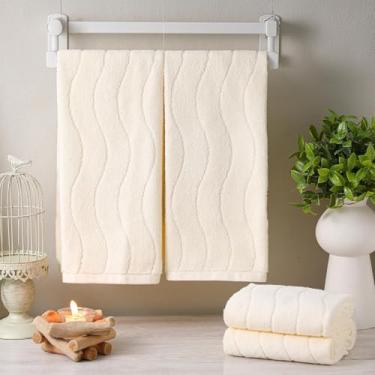 Imagem de VitalCozy Conjunto de 4 toalhas jacquard listradas onduladas 35,5 x 73,5 cm creme branco conjunto de toalhas de mão 100% algodão macio absorvente decorativo para banheiro cozinha presente para