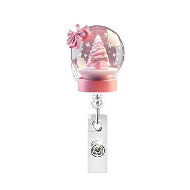 Imagem de Carretel de crachá de Natal engraçado rosa árvore de Natal suporte de crachá 2D arco de árvore de natal design de floco de neve bonito cartão de identificação com clipe jacaré, carretel de crachá de