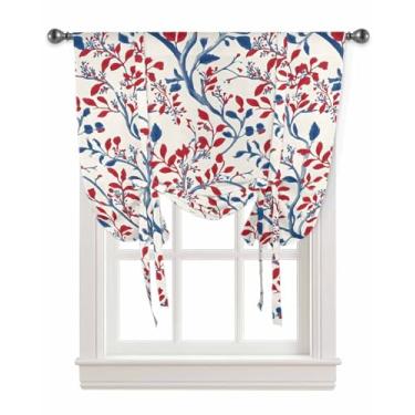 Imagem de Cortinas de amarrar para janelas retrô pastoral floral folhas florais sombra ajustável haste bolso balão saia para cozinha sala de estar, clássico vermelho azul flor ramo tratamento de janela, 1