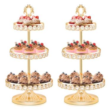 Imagem de KEHAIL Conjunto de bandeja redonda de cupcake de metal, suporte de exibição de sobremesa de cristal para casamentos, aniversários, centros de mesa de festa, lanches e pratos de frutas (ouro, 2 peças
