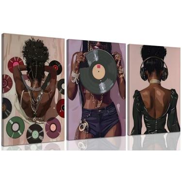 Imagem de 3 peças emolduradas de arte de parede de mulher negra rosa DJ Black Girl impressões em tela moda música afro-americana fotos pinturas roxo personalidade decoração de parede para sala de estar quarto