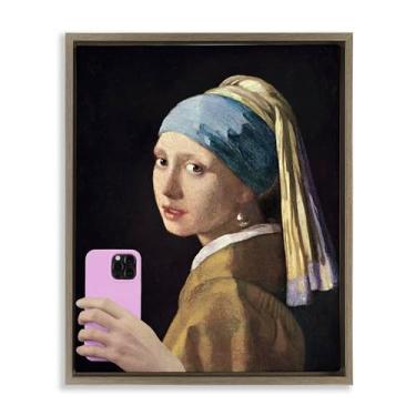 Imagem de Stupell Industries Arte de parede em tela flutuante cinza engraçada menina com telefone rosa, design por Masters Redux, 53 x 43 cm