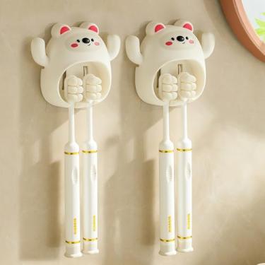 Imagem de 2 peças/conjunto de suporte de escova de dentes de desenho animado bonito gancho de montagem de parede engraçado com ventosa de parede acessórios de decoração de banheiro presente, 8,2 * 9,8 cm