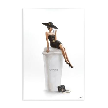 Imagem de Stupell Industries Bolsa feminina estilosa de design de café em pose feminina, projetada por Ziwei Li Art, 25,4 x 38,8 cm, placa de parede