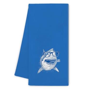 Imagem de Noaleviax Toalhas de mão de banheiro tubarão - decoração de banheiro infantil de tubarão costeiro de praia, toalhas de mão de banheiro engraçadas para crianças, pano de prato decorativo, 40,6 x 61 cm