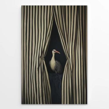 Imagem de Arte de parede em tela de pássaro engraçado decoração de parede listrada preto e branco surreal impressões de animais peculiares pôsteres modernos natureza imagens pintura para quarto quarto banheiro