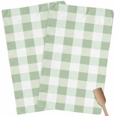 Imagem de Toalha de cozinha xadrez verde sálvia conjunto de 2 panos de prato brancos, toalhas de mão de microfibra e minimalismo macio, xadrez de búfalo, padrão guingão moderno, panos de prato absorventes de