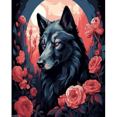 Imagem de XTXGERL Kits de pintura por números para adultos iniciantes lobo preto e lua rosa tinta a óleo digital por número para adultos tela fácil para decoração de parede de casa e presentes 40,6 x 50,8 cm