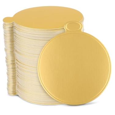 Imagem de 100 peças de mini tábuas de bolo, 8,5 cm, base de cupcakes de papelão redonda dourada para sobremesas, doces, mousse, placa de exibição de bolo descartável de grau alimentício para casamento, festa de