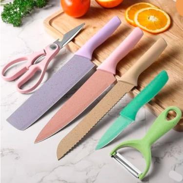 Imagem de Conjunto Jogo de Facas Coloridas 6 Peças Inox Kit Culinário Faqueiro Cozinha Churrasco Descascador Tesoura Multifuncional Gourmet Premium