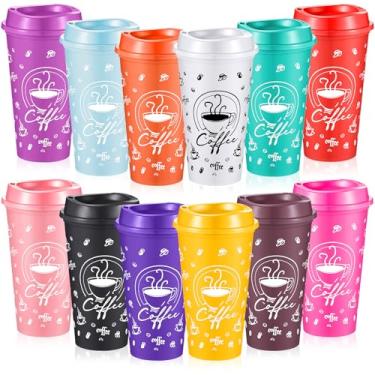 Imagem de Skybooly 12 conjuntos de xícaras de café reutilizáveis com tampas de 473 ml, copos quentes reutilizáveis, copos de plástico a granel com tampas, caneca de café de viagem para bebidas quentes ou frias