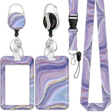 Imagem de Porta-crachá de identificação com cordão, carretel retrátil com clipe de cinto giratório, cordão removível, etiqueta de cartão de nome, protetor vertical de identificação, carretel de crachá para funcionários de enfermagem médica de escritório (marmorização roxa)