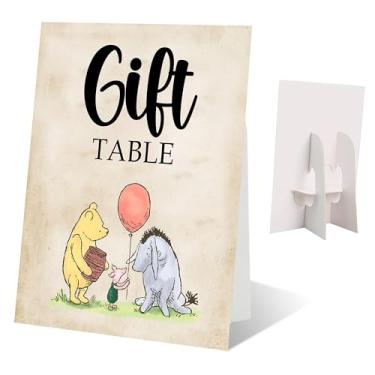 Imagem de Decorações de chá de bebê Ursinho Ursinho - Mesa de presente - 1 placa de pé com suporte, decorações clássicas de aniversário Pooh Festa de Boas-Vindas Lembranças e Suprimentos (28 x 38 cm) - A04