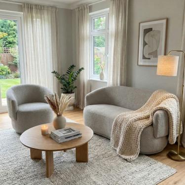 Imagem de Conjunto de Poltrona + Namoradeira Decorativa Sala Estar Orgânica Beatriz Boucle Cinza Claro - Montanaris Decor