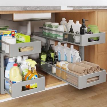 Imagem de 2 pacotes de organizador sob a pia de 53 cm de profundidade, organizador de armário de 2 camadas com trilho circular liso, gavetas deslizantes de malha metálica de grande capacidade para armazenamento