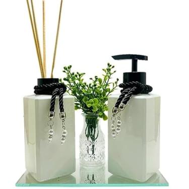 Imagem de Kit 02 Frascos de Vidro Square Galena 250ml para Difusor de Aroma e Sabonete Líquido com Bandeja Espelhada, Vaso e Varetas(PRETO)