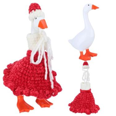 Imagem de Threehoney Estatueta de ganso de mesa de Natal de 17,8 cm com roupas de malha vermelha brilhante mini estátua de ganso de varanda porta-chaves magnético para decoração de Natal, Natal, férias, casa