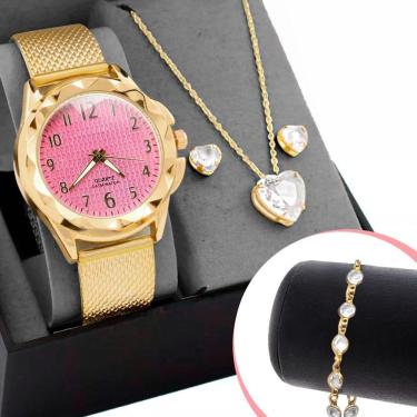 Imagem de Relogio Feminino Prova Dagua Dourado + Pulseira + Colar Coração Casual Qualidade Presente