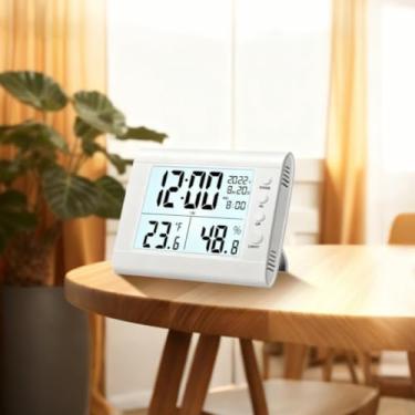 Imagem de Despertador digital para quartos, relógio eletrônico multifuncional, visor LED com higrômetro, termômetro, umidade digital, temperatura, visor digital estéreo, despertador para casa (branco)