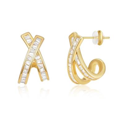 Imagem de KissYan Brincos de argola para mulheres, banhado a ouro branco 14K, fileira dupla, zircônia cúbica, leve, vazado, hipoalergênico, joias delicadas, presentes, Latão, Zircônia cúbica