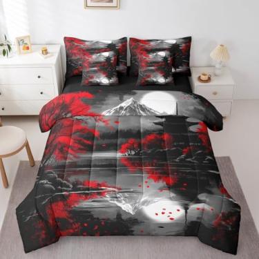 Imagem de jejeloiu Conjunto de edredom King com flores de cerejeira vermelha, estilo japonês, 7 peças, para meninos e meninas, adolescentes, conjunto de cama em uma bolsa, pintura de tinta, torre oriental retrô