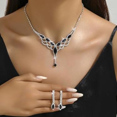 Imagem de Conjunto de joias de noiva para mulheres - Colar gargantilha de corrente de cristal com glitter preto CZ brinco para casamento, acessórios formais de fantasia de noiva
