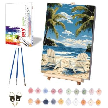 Imagem de xackcme Pintura de praia por números para adultos com tela emoldurada - com cavalete de madeira, pintura de paisagem por número em tela, kits de pintura a óleo acrílica DIY com pincéis para decoração