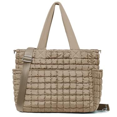 Imagem de Yarnic Sacola acolchoada para mulheres, bolsa grande leve com zíper e 7 bolsos, bolsa de ombro inchada para viagens, academia, trabalho, Affogato Latte