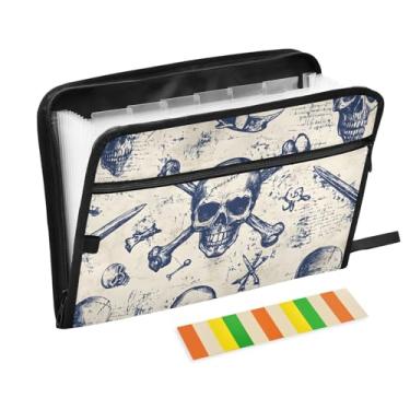 Imagem de CEBUGI Pasta expansível de 13 bolsos, impermeável, sanfonada, organizador de arquivos com etiquetas tamanho A4, organizador de documentos de papel para escola, material de escritório, crânio vintage