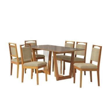 Imagem de Conjunto Sala De Jantar Lina Em Madeira Maciça 6 Cadeiras Boucle Bege 