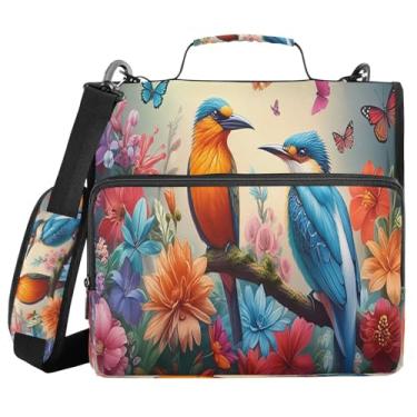 Imagem de Qilmy Fichários com zíper com alça de ombro, fichário de 3 anéis de 3 cm, capacidade de 500 folhas, pasta organizadora e pasta de arquivo expansível - pássaro laranja azul habita árvores287