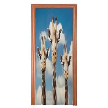 Imagem de Wassud Capa de porta 36 x 98 polegadas grande decoração de três girafas, faixa elástica lavável para porta interna para varanda porta da frente