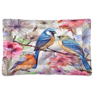 Imagem de Wassud Cama de cachorro com corações desenhados à mão com pássaros no ramo florido, cama grande para cães ao ar livre, tapete lavável para animais de estimação, cama de gato para dormir, viagens 91 x