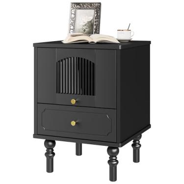 Imagem de Mesa de cabeceira de madeira maciça, mesa de cabeceira preta moderna com 2 gavetas, mesa de cabeceira com pernas de madeira maciça, mesa de canto de armazenamento de sofá para quarto