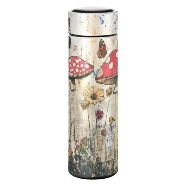 Imagem de Burbuja Garrafa de água isolada de campo de flores de cogumelo de 500 ml, frasco de parede dupla a vácuo de aço inoxidável com boca larga, à prova de vazamento e livre de BPA, mantém quente e frio