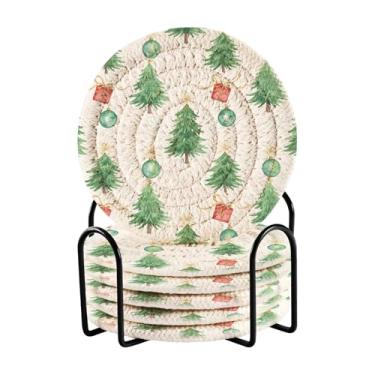 Imagem de GakkiGii Conjunto de 6 porta-copos redondos absorventes de pinheiro floco de neve com suporte, porta-copos de tecido para mesa de centro, bar, decoração de cozinha