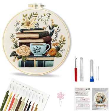Imagem de Huacan Kit de bordado de flores para iniciantes com estampa de livros e flores, kit de ponto cruz com instruções (sem garantia de versão em português)