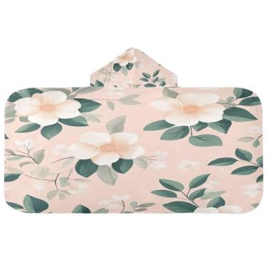 Imagem de Burbuja Flor branca em rosa toalha de banho com capuz para crianças, toalha de praia de pelúcia macia absorvente para meninas e meninos 3-10 anos, 61 x 127 cm