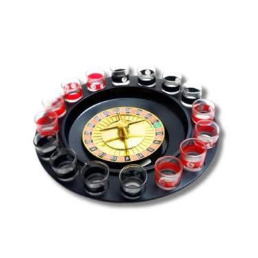 Imagem de Jogo Roleta Shot Premium 16 Copos Numerados – Base Preta com Detalhes Dourados, Copos de Vidro Vermelho e Preto, Ideal para Festas, Confraternizações e Presentes Divertidos