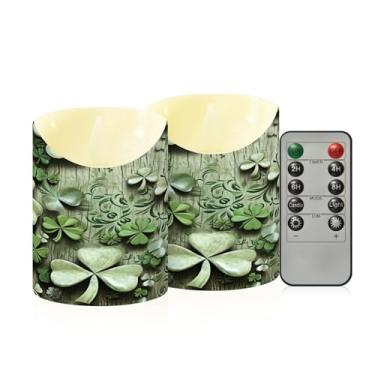 Imagem de Wassud Pacote com 2 velas sem chama para paredes de trevo de quatro folhas com controle remoto, velas realistas cintilantes com temporizador, velas decorativas para Natal, casamento, festa, decoração