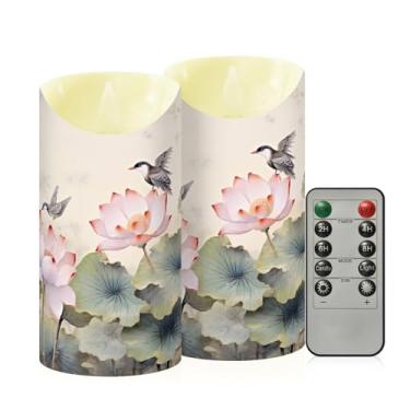 Imagem de Wassud Pacote com 2 velas floridas de lótus e pássaros sem chama com controle remoto, velas realistas cintilantes com temporizador, velas decorativas para Natal, casamento, festa, decoração de casa