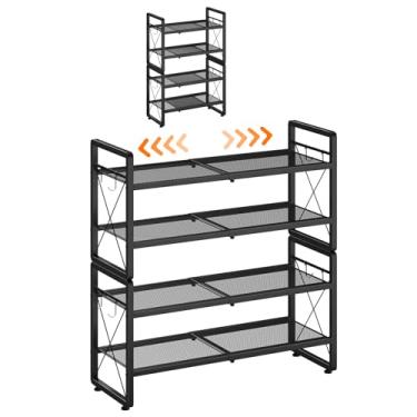 Imagem de ELYKEN Sapateira, organizador de sapatos expansível de 4 camadas para entrada, prateleira de sapato preta de metal com 4 ganchos, suporte de sapato ajustável para armário, garagem, entrada de porta